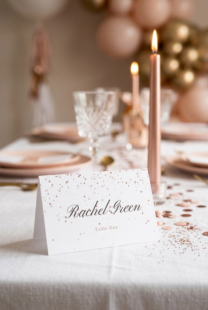 Rose gold confetti place card at a birthday celebration