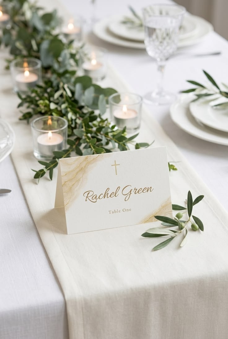 Eucalyptus Cross place card on a candlelit wedding table