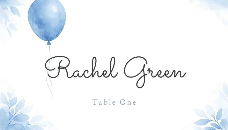 Blue Balloon, a printable baby shower christening place card template