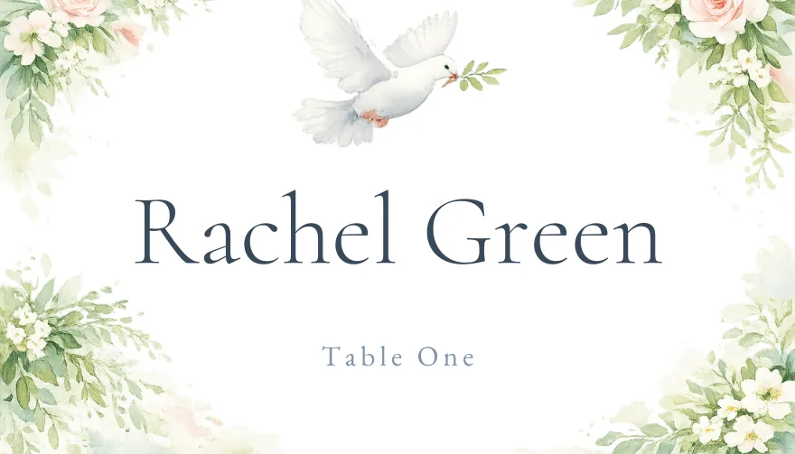Dove and Olive, a printable Christian dove baptism place card template