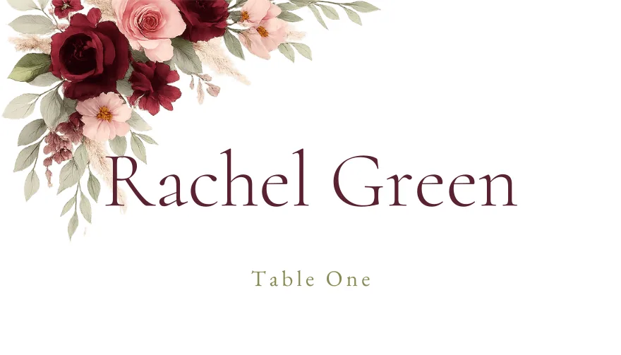 Burgundy Bloom, a printable wedding floral moody place card template