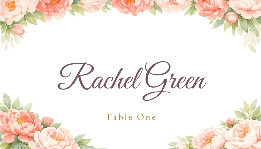Peony Border, a printable wedding floral blush place card template